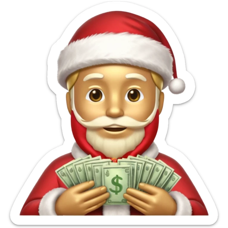 A confident rich emoji face wearing a Santa hat, money stacks, casino vibe, New Year theme, premium 3D emoji style, sharp details, no text, isolated on transparent background sticker