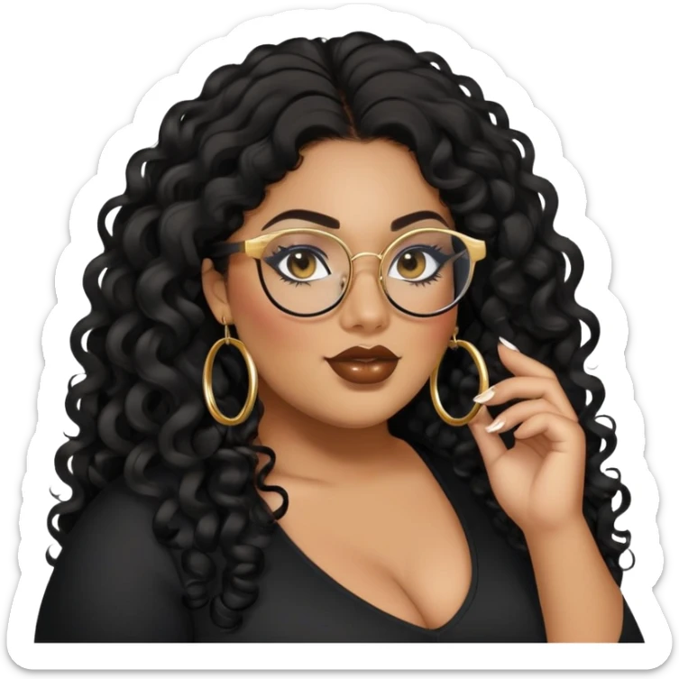 big plus size, latina, darker tan skin, gold hoops, long black curly hair, baddie,pretty, makeup, lipgloss, black eyeliner, long hair, black top, black glasses sticker