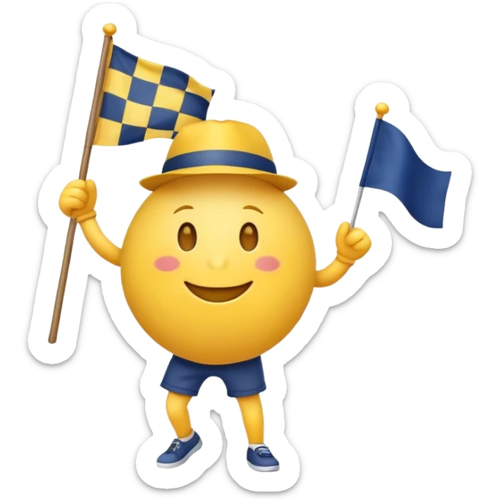 I want a yellow circle emoji (not a human emoji) holding a yellow and navy blue checkered flag in both hands, wearing a yellow and navy blue hat, dancing, and smiling. sticker