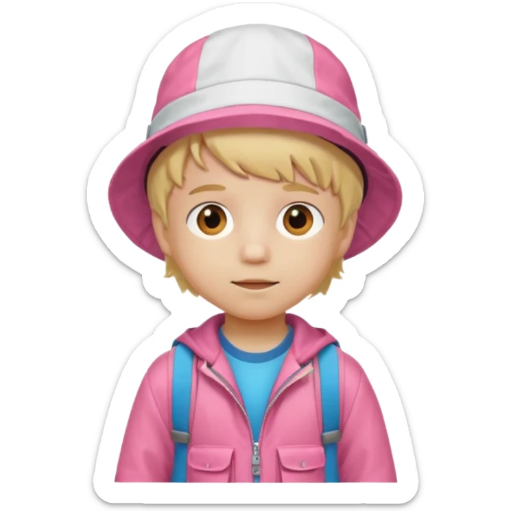 A little boy student white skin, blonde hair, with white bucket hat, orange jacket, pink backpack sticker