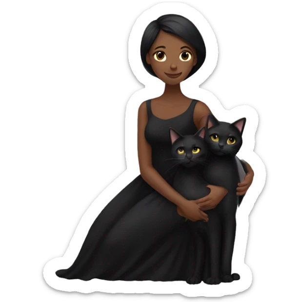 a girl with long black woman in a long black dress hugging two black cats sticker