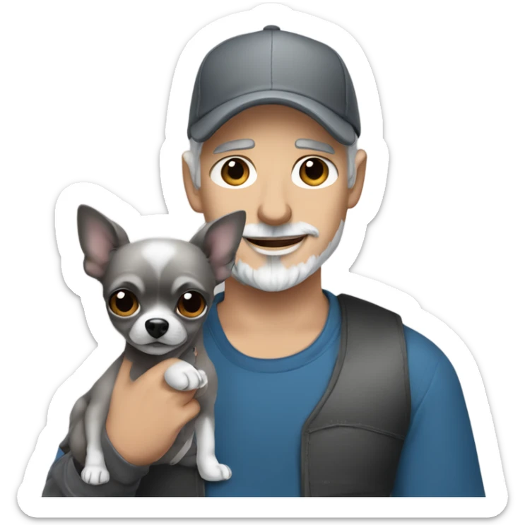 man blue eyes gray hair gray goatee ball cap holding black longhair chihuahua  sticker