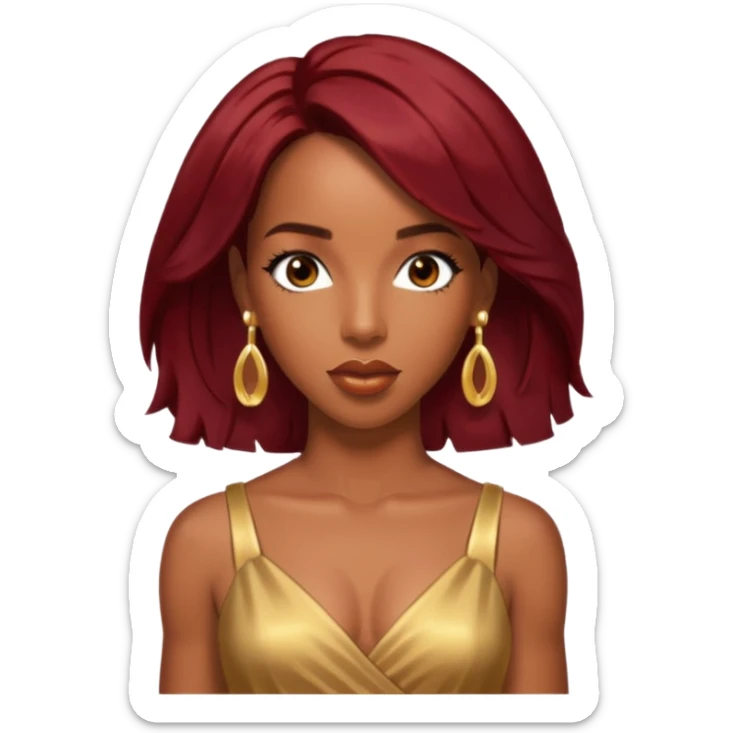 Kelly Rowland Dark Red Hair, Brown Eyes, Gold Dress with earrings sticker