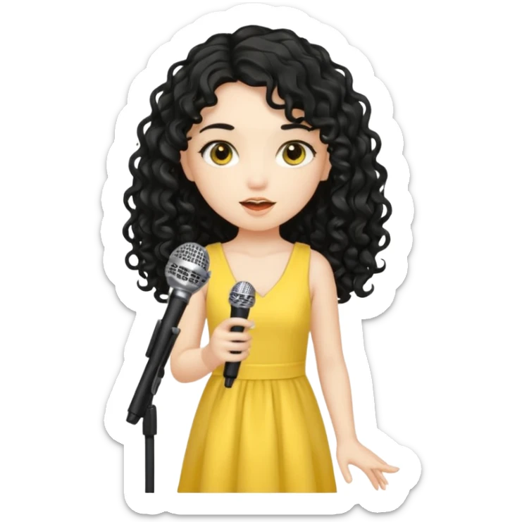 girl in yellow blink dress, logn black curly hair, holding a mic



















 sticker