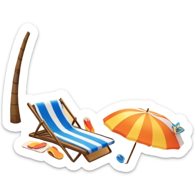 Icon for Beach Tourism: with the blue ocean, orange sunset, yellow sand beach and palm trees in the background, a sun umbrella, flip-flops, and a beach towel on the sand. The icon should represent relaxation and fun at the beach. Transparent background sticker