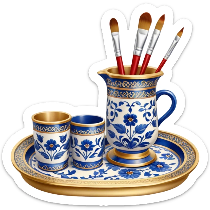 Metal painting icon, a metal vase, tray and metal cup with brushes, each decorated with different techniques: Gzhel-style blue floral patterns, Chinese red and gold designs, and intricate Golden embroidery-style details. Visible fine paintbrush, paint pots, and accessories like porcelain palette, minimalistic style, clean lines, transparent background. sticker