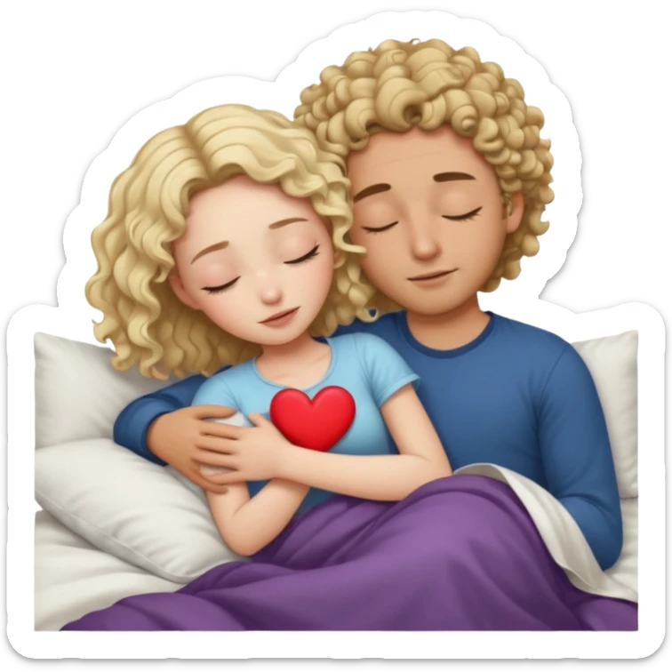 cuddling in bed, asleep. wavy haired blonde girl. man with curly,  dark brown hair. eyes closed. heart between them. no headboard sticker