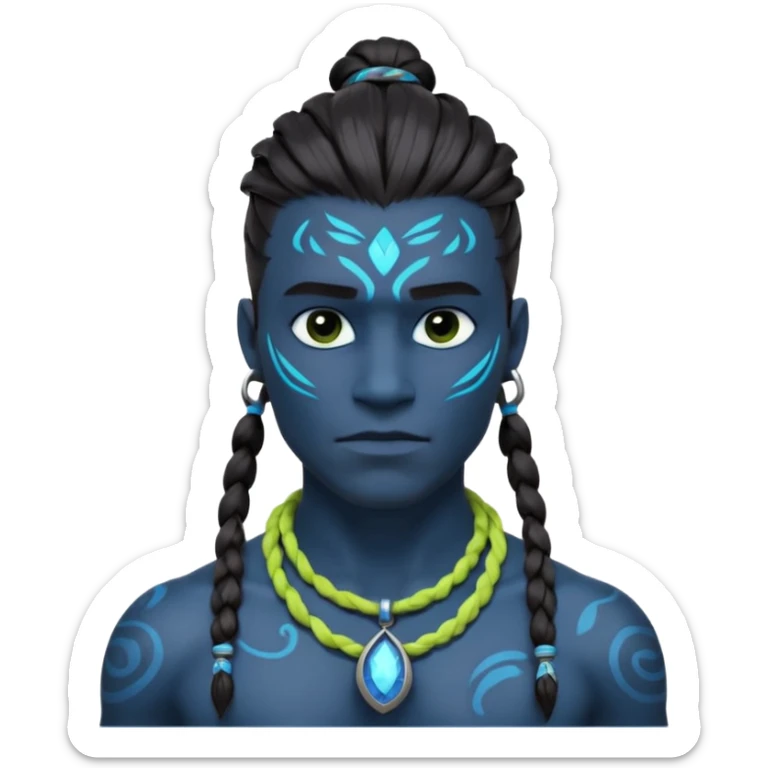 avatar-style Na’vi male portrait, head and shoulders only, blue skin, bioluminescent markings, strong face features, braided hair, tribal necklace, heroic expression, 3D cartoon, mobile game icon style, clean background, no text, no watermark
 sticker