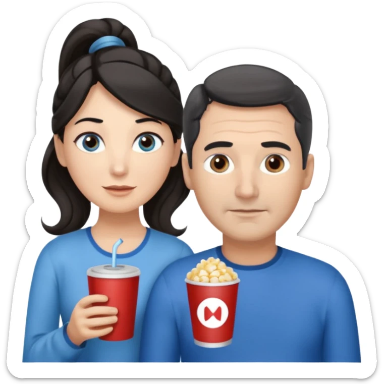middle-aged couple Watches a movie in the living room • Physical description: • man: brown eyes; very short grayish-black hair • woman: Long wavy silver grayish-brown hair tied in a ponytail; blue eyes sticker