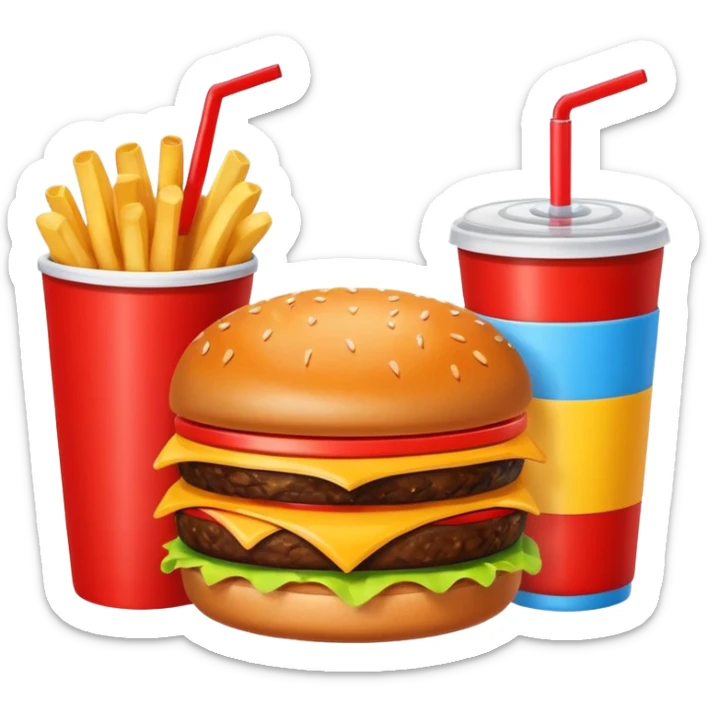 A clean and simple icon of fast food in emoji-style illustration. A burger with fries and a soda cup, bright and bold colors, simple shapes, flat design, high contrast, inviting and appetizing. sticker