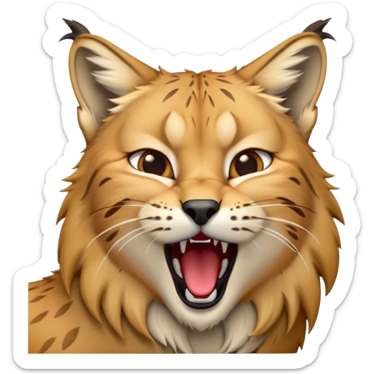 Cinematic-detailed-Yawning-Lynx-Portrait-Emoji – Head tilted slightly with a dramatic, wide-open yawn, revealing a sleek golden-brown fur coat with subtle spots, signature black ear tufts standing tall, round amber eyes barely open in drowsy contentment zoomed out to show the shoulders sticker