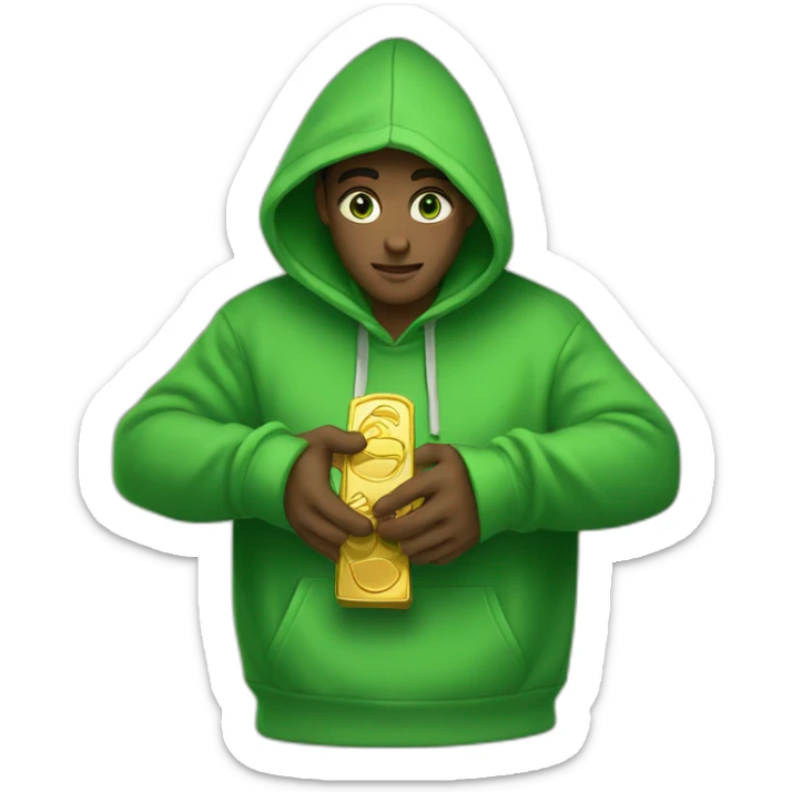 Men green eyes wear hoodie and keep and hand one gold ingot sticker