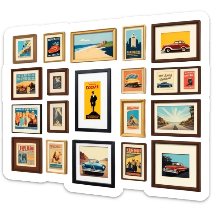 Icon for Photograph and Poster Collecting: a collection of vintage photographs and movie posters, neatly displayed on a wall or in frames. The icon should evoke the nostalgia and artistic value of collecting rare images and posters. Transparent background. sticker