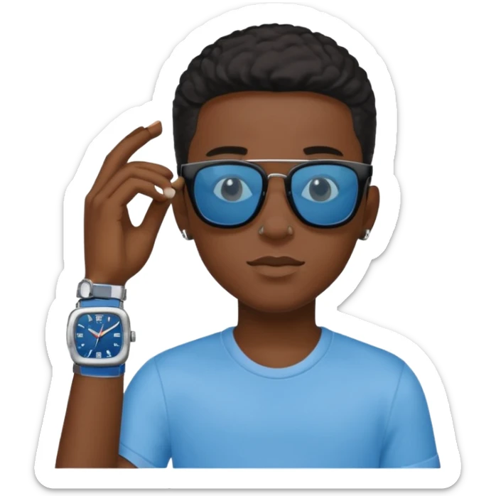Un garçon noir avec des lunettes de soleil un peu bleu avec un cadran plutôt carré et SANS QU’ON VOIT SES YEUX. Et au dessus de sa tête il y a écrit BOUSs on dois pas voir ses yeux sticker