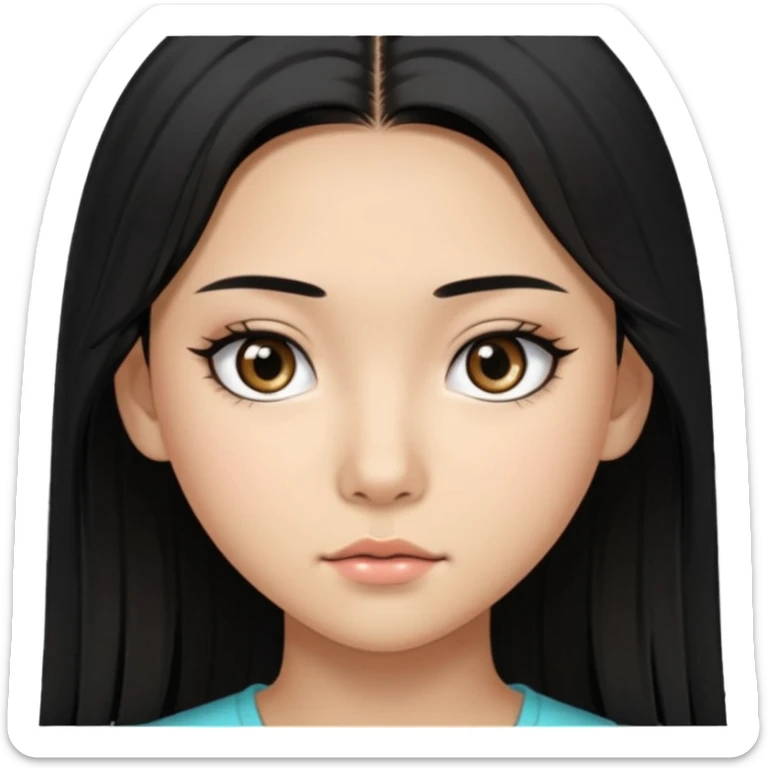 a tan chinese-american 15 year old girl with middle part long straight black hair down to her chest. mascara  sticker