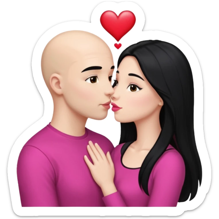👩🏻‍❤️‍💋‍👨🏻 this one but the man should be bald. white woman with long black hair and white bald young man whoitiut hair and a heart between their heads. she has pink lips and both have brown eyes. sticker
