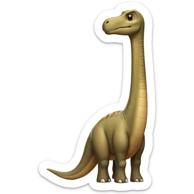 Cinematic Noble Brachiosaurus Portrait Emoji, Poised and majestic, with a towering, elongated neck stretching gracefully from a robust, column-like body, a small, gentle head with curious eyes, and subtle, textured skin in earthy tones, Simplified yet sharply defined features, highly detailed, glowing with a soft, golden radiance, high shine, intelligent and serene, stylized with an air of prehistoric grandeur, focused and calm, soft glowing outline, capturing the essence of a watchful and confident Brachiosaurus that appears ready to gracefully emerge from the screen with effortless power! sticker