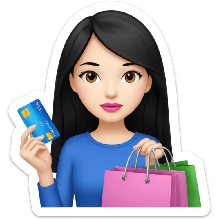 Girl with long black hair, pink lipstick, brown eyes holding shopping bags and blue credit card sticker