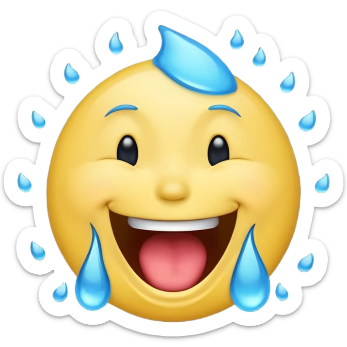 Emoji, yellow round laughing hysterically face, with blue tears of joy on it.  sticker