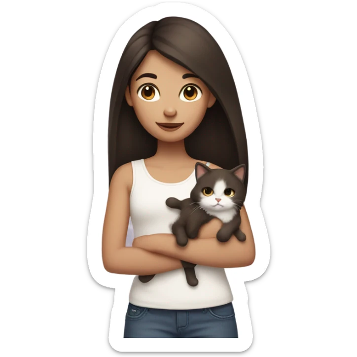 Dark brown straight hair girl holding white fluffy cat  sticker