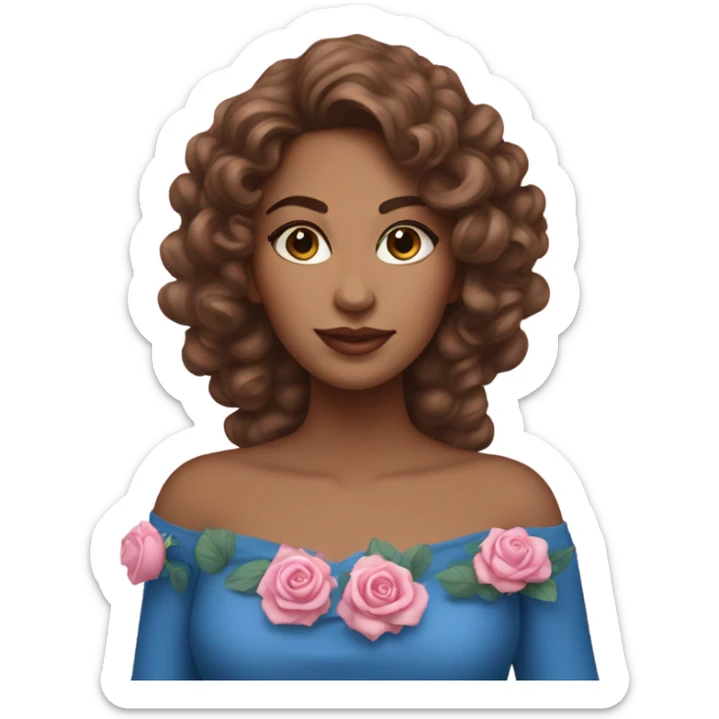 Realistic brasilian woman with longer brown currly hair with pink roses & wearing style blue dress elegantly  sticker