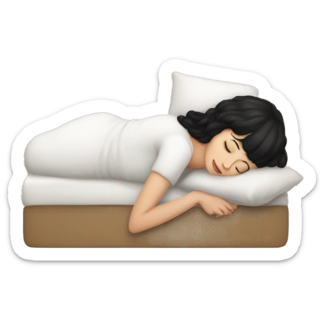 Woman pale skin black hair with bangs sleeping in bed with pillow, white woman sticker