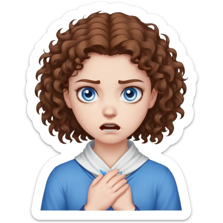 girl with brown curly hair and blue eyes with an angry expression with hands around her neck in a cross sticker