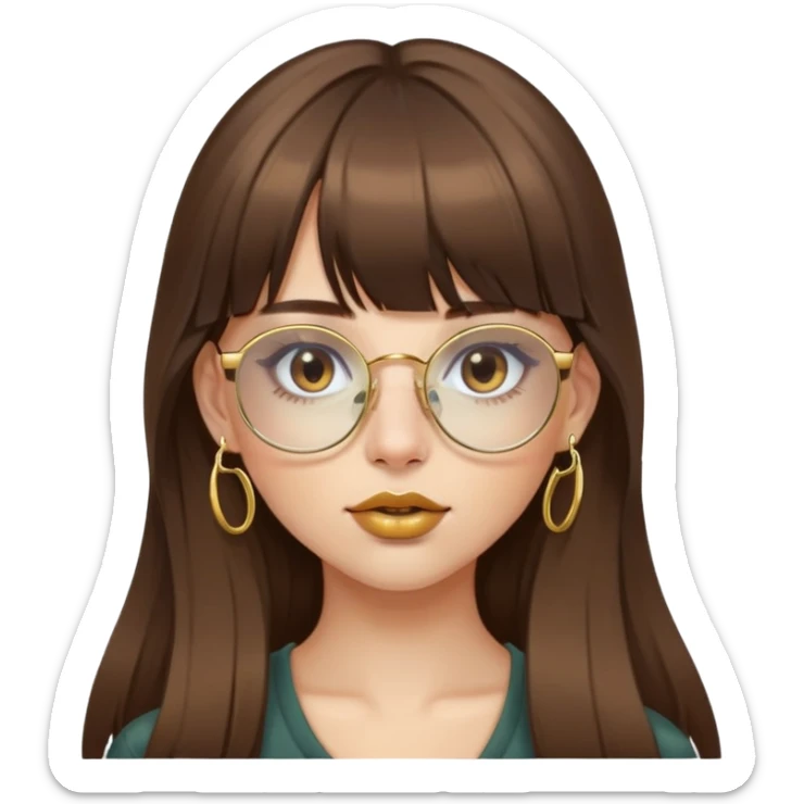 pretty girl with long brown hair with bangs, gold glasses and gold septum ring in nose  sticker