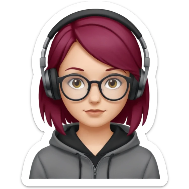 white girl with burgundy hair, gray glasses, black deportive hoodie and black headphones sticker