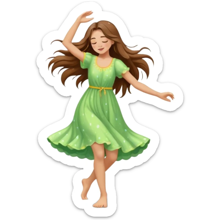 Girl with long brown hair dancing barefoot in the rain with closed eyes spring colors cartoon style elegant romantic love life raindrops in the background  sticker
