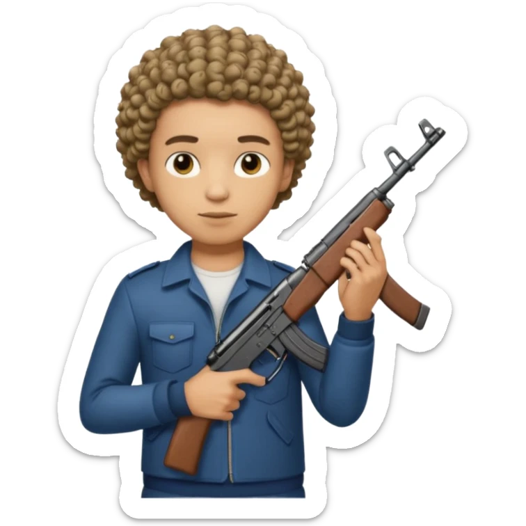 AK47 in hand, light skin male with short curly hair with a lineup  sticker