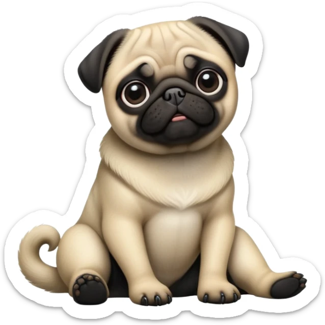 cinematic-[pug]-realistic-full-body-sitting-emoji,-tail-resting-loosely-beside-its-paws,-head-tilted-dramatically, -sleek-[black]-fur,-simplified-yet-realistic-focused-features,-highly-detailed,-glowing-with-an-almost-sarcastic-glow sticker