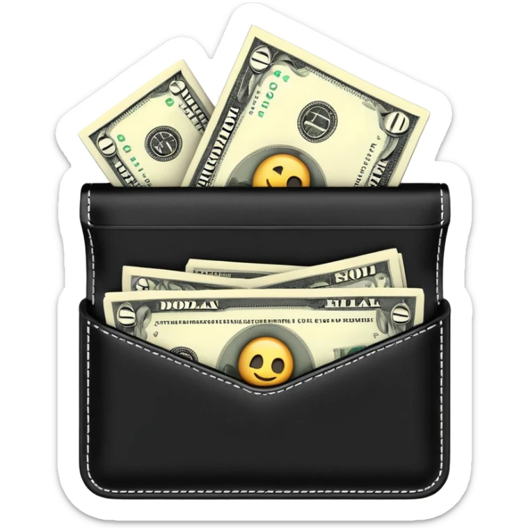 Rich emoji style black leather wallet with dollar bills, luxury money vibe, premium 3D emoji, ultra clean, high detail, no background
 sticker