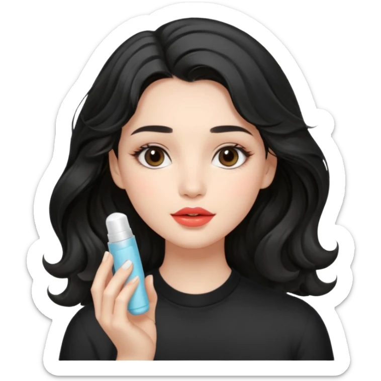 “Girl with light-black wavy hair, soft and flowing. She holds a asthetic lip balm just near her lips, about to apply it. The lip balm gives her lips a subtle glossy shine, making them look smooth, hydrated, and naturally prettyy sticker