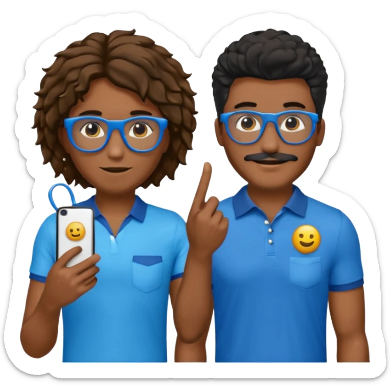 Dois emojis, um homem pardo com cabelos pretos, blusa azul com gola e botões, óculos retangular na cor azul. Mulher parda com cabelo curto preto, óculos redondos e transparentes, está com vestido azul de alças finas e com brincos de argolas douradas na orelha sticker