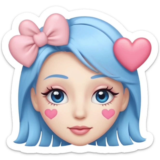 Coquette wink emoji, long eyelashes, heart-shaped blush, soft pastel pink and blue palette, glossy finish, transparent background



 sticker