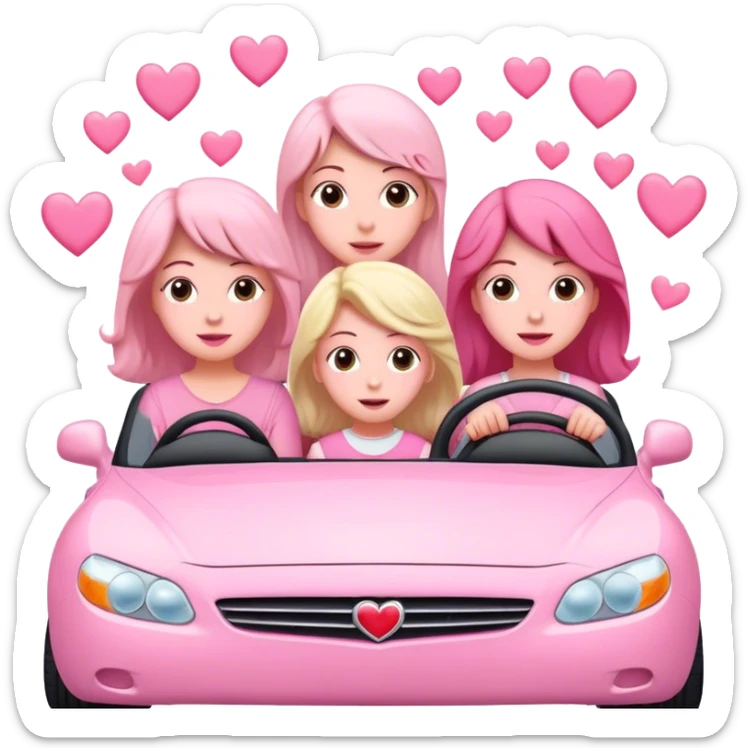 A mom, two daughters, and one son driving in pink convertible with hearts blowing behind sticker