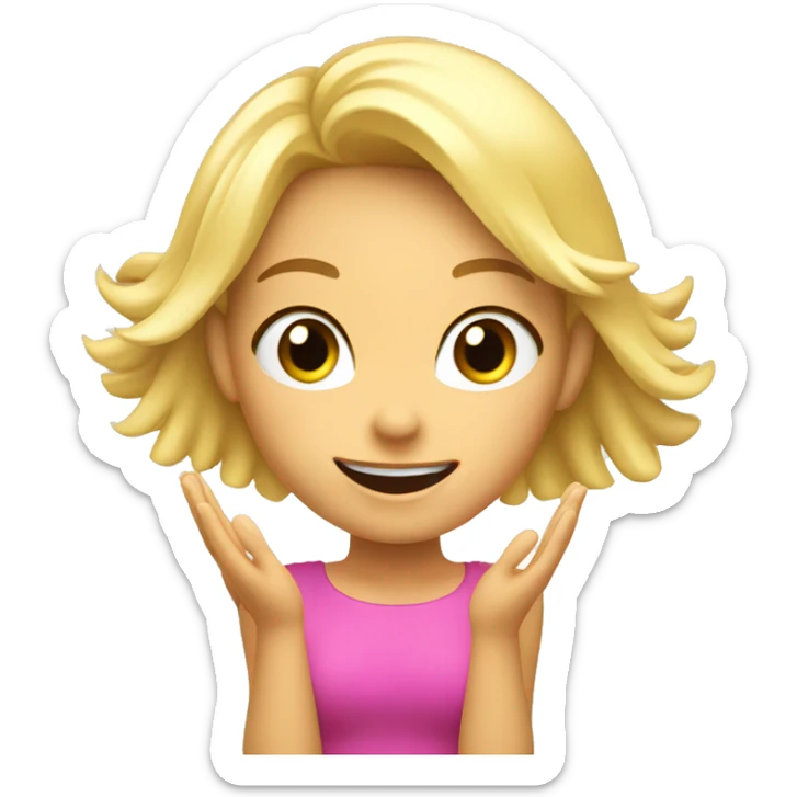 Blonde Girl with both hands open in the air. Happy, frontal view above waist only. Enjoying. Open hands showing palm sticker