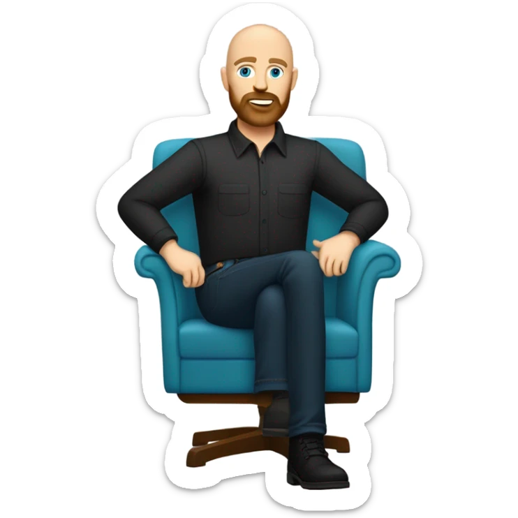 Bald, Caucasian, sky-blue-eyed, Psychotherapist in a modern colorful chair. He has a brown full beard and he’s Wearing a black dress shirt with a subtle pattern, blue jeans and black Chelsea boots with his legs separted leaning forward  sticker