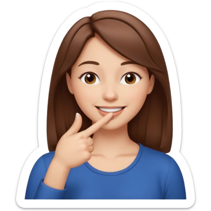 una mujer con un dedo en boca sonriendo y lps ojos en forma medio cerrados creando una curva de sonrisa pelo castaño sticker
