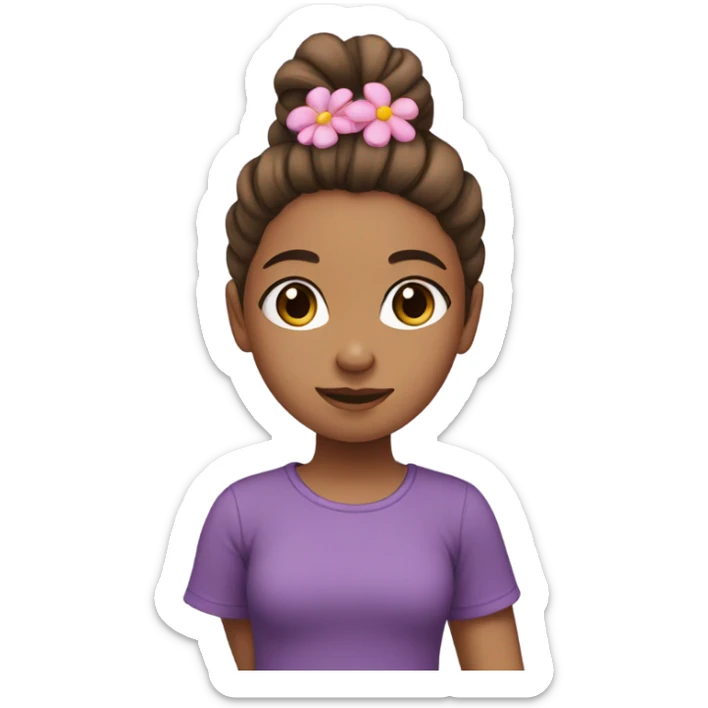 Girl with brown ponytail, pink flower on head, black and purple t-shirt and brown eyes  sticker