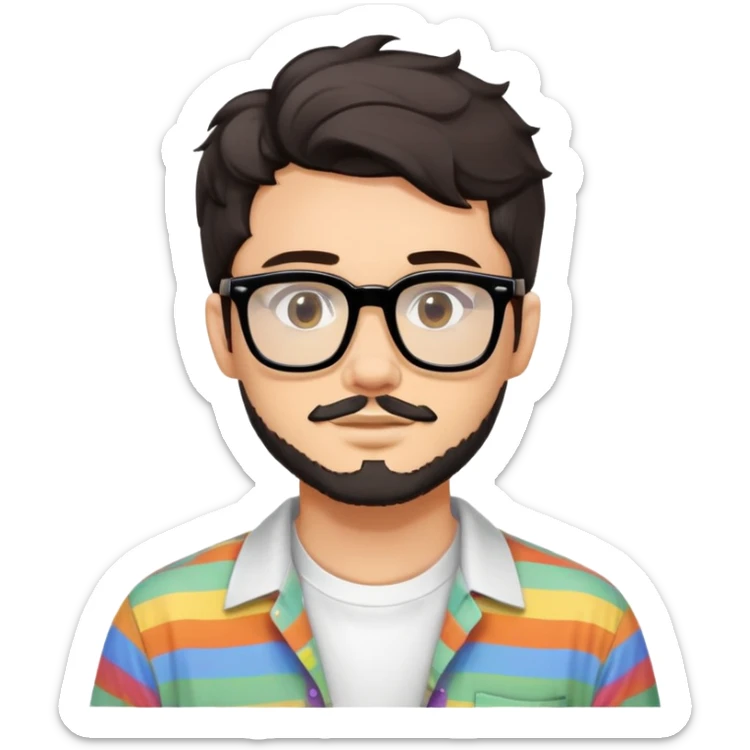 young adult man with light skin, short beard, dark wavy hair, relaxed expression, very wide rectangular glasses with thick black acetate frame and thick double bridge, retro oversized style, colorful open shirt and white t-shirt sticker