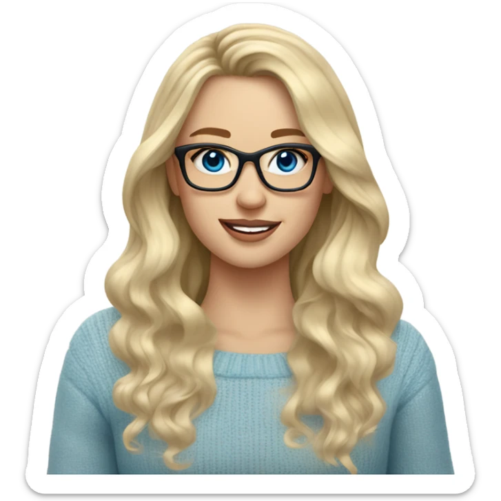 Blonde balayage long hair white women sweater blue eyes and small glasses holding cell phone  sticker