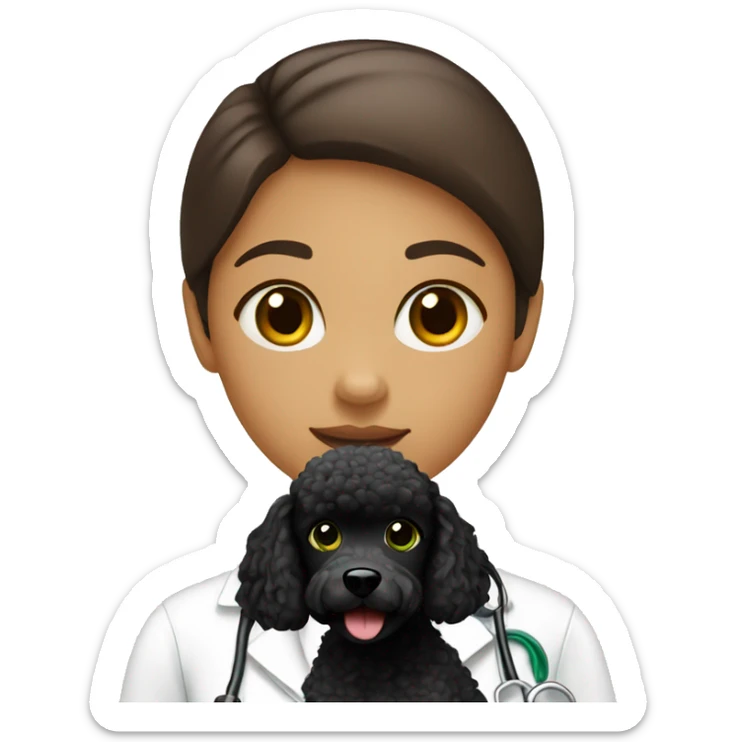 girl veterinarian with brown hears and green eyes. With she has a black poodle sticker