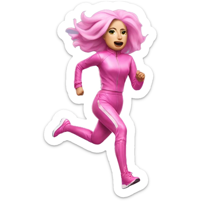 Lady Gaga running in a pink sci-fi outfit and pink hair sticker