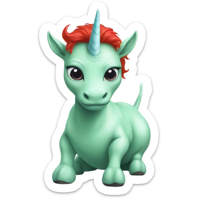 [politically incorrect
	{ woman: alien, color: light green, hair:red, eyes:cat} ]
	on a 
	[{ unicorn: white, legged:four, mane: light blue }] sticker