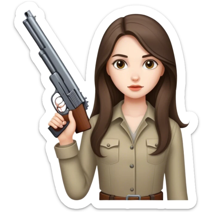 beautiful pale brunette girl with long hair with a short gun sticker