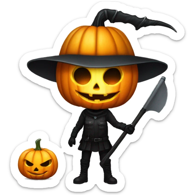Human female pumpkin hunter with a scythe, glowing pumpkin eyes inside a black helmet, Halloween theme, emoji sticker