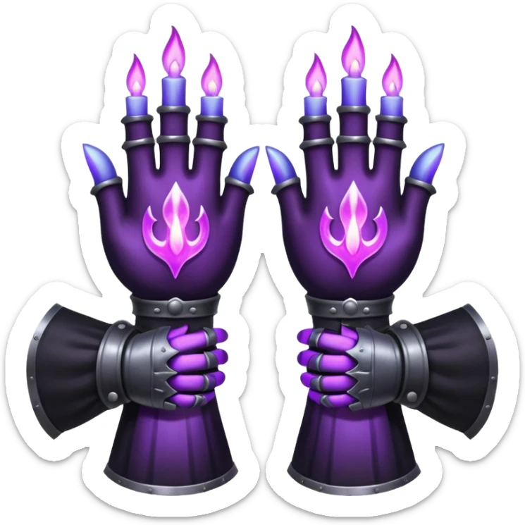 A Discord emoji of a pair of black armored gauntlets holding a flickering violet flame. The hands are positioned as if offering a gift. Dark gothic fantasy, glowing magical effects, high contrast, 2D vector style, white background. sticker