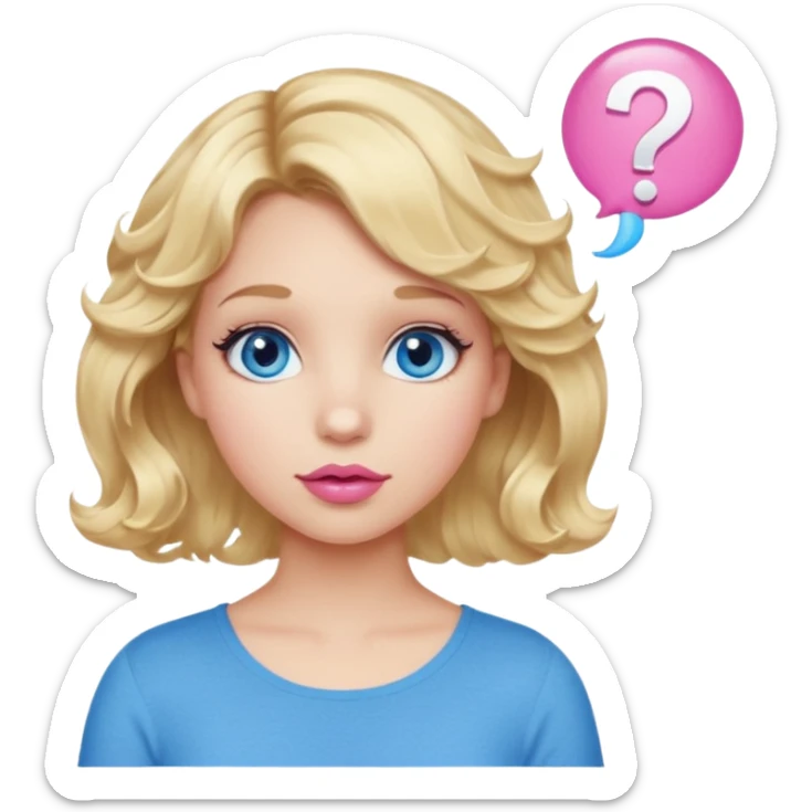 Girl Blonde short wavy hair,  blue eyes, cute blue top, long lashes, pink lips, question mark bubble sticker
